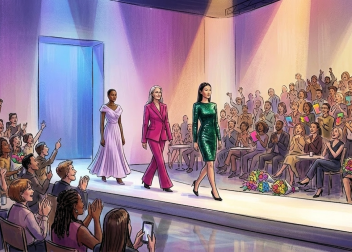Runway models in elegant dresses at a vibrant fashion show, with an enthusiastic audience applauding their walk