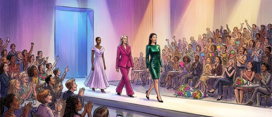 Runway models in elegant dresses at a vibrant fashion show, with an enthusiastic audience applauding their walk
