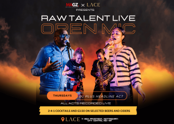 Live open mic night at Lace, Nottingham featuring DJ, headline acts, drink offers, and recorded performances