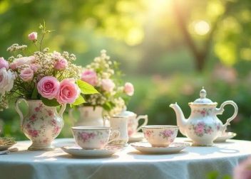 Elegant floral tea set on outdoor table with pink rose bouquet, illuminated by soft sunlight in garden setting