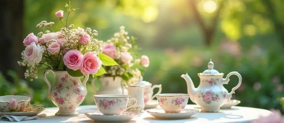 Elegant floral tea set on outdoor table with pink rose bouquet, illuminated by soft sunlight in garden setting