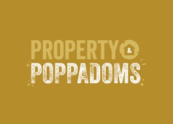 Property & Poppadoms logo, styled with textured white text on a mustard background, featuring a house icon