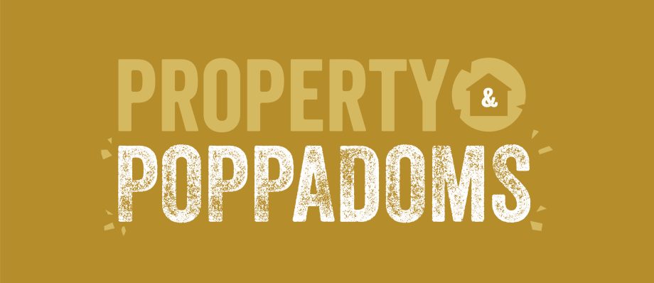 Property & Poppadoms logo, styled with textured white text on a mustard background, featuring a house icon