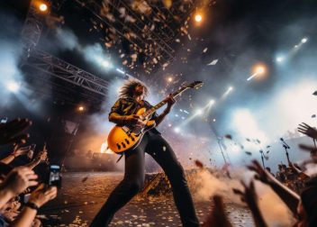 Guitarist performing on stage amid dynamic lighting and cheering crowd at a lively rock concert
