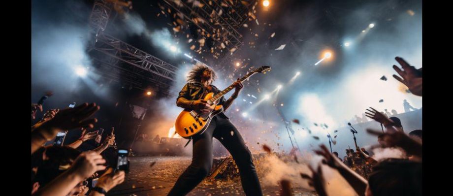 Guitarist performing on stage amid dynamic lighting and cheering crowd at a lively rock concert