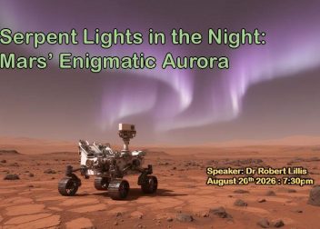 Mars rover beneath vibrant auroras at Serpent Lights event featuring Dr Robert Lillis on 20 August 2026 at 7:30pm