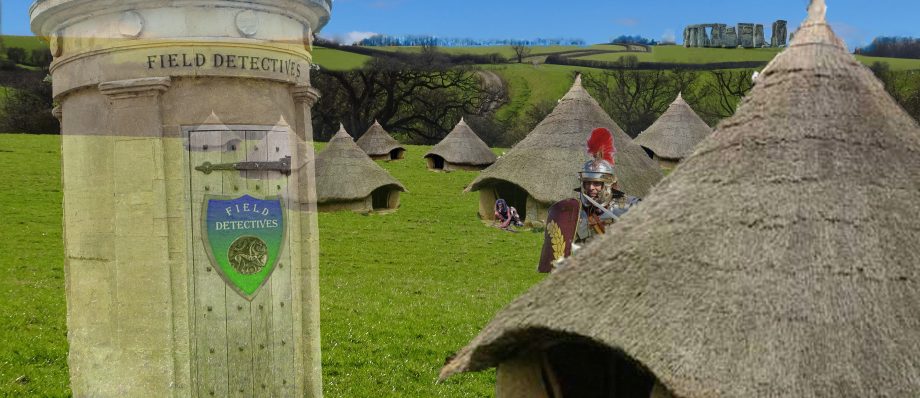 Historic village scene with round thatched huts, Roman soldier, and Field Detectives pillar in scenic countryside