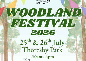 Woodland Festival 2026 poster, Thoresby Park, 25-26 July, 10am-4pm, featuring free entry, tent, and campfire