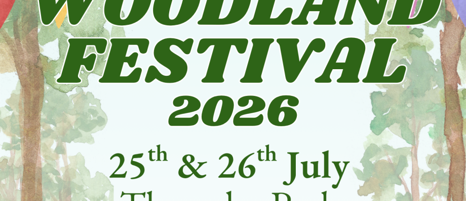 Woodland Festival 2026 poster, Thoresby Park, 25-26 July, 10am-4pm, featuring free entry, tent, and campfire