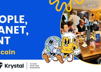 People gathering at a pub in Lincoln for People, Planet, Pint event with sponsors and creative cartoon graphics