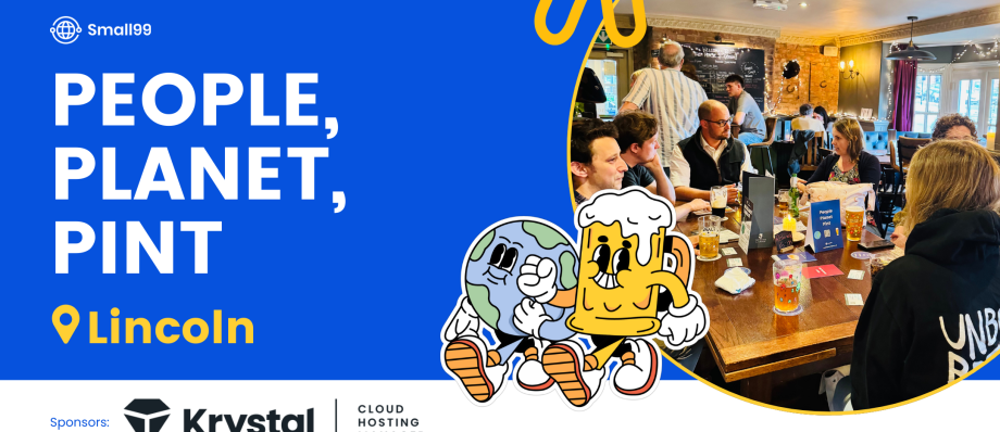 People gathering at a pub in Lincoln for People, Planet, Pint event with sponsors and creative cartoon graphics