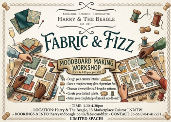 Moodboard workshop poster for Harry & The Beagle, offering moodboard creation with fabrics, fizz, and bespoke design tips