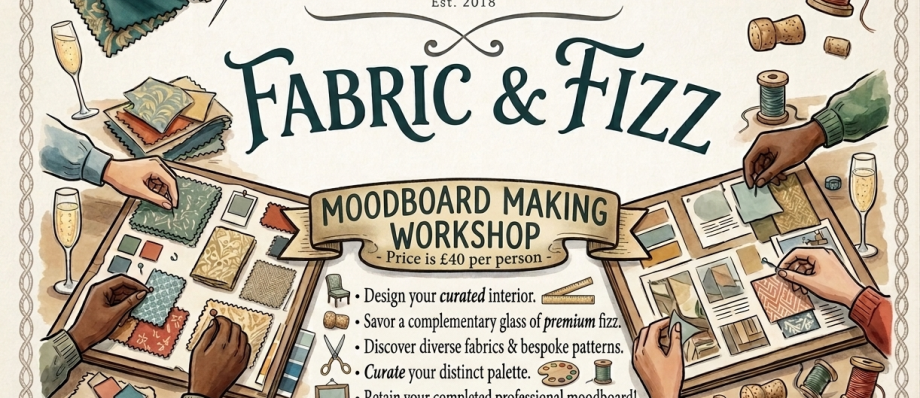 Moodboard workshop poster for Harry & The Beagle, offering moodboard creation with fabrics, fizz, and bespoke design tips