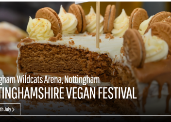 Vegan cake at Nottinghamshire Vegan Festival, Nottingham Arena, 5th July, UK Vegan Events logo visible