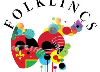FolkLincs logo with vibrant abstract shapes and music notes, featuring a red shield with a yellow fleur-de-lis design