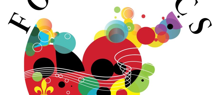 FolkLincs logo with vibrant abstract shapes and music notes, featuring a red shield with a yellow fleur-de-lis design