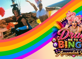 Vibrant drag queen bingo event poster with rainbow theme and dazzling costumes featuring Amandah Hart