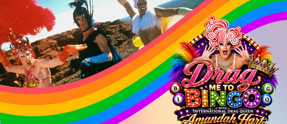 Vibrant drag queen bingo event poster with rainbow theme and dazzling costumes featuring Amandah Hart