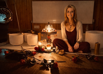 Woman in serene meditation setting with candles, singing bowls, and roses, creating a calm and peaceful atmosphere
