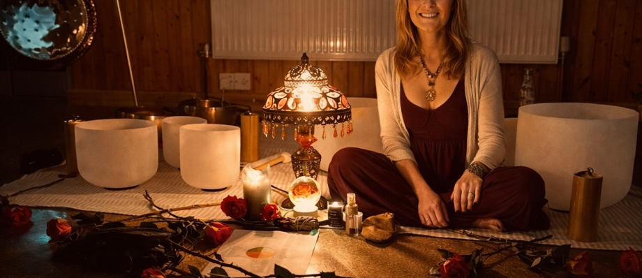 Woman in serene meditation setting with candles, singing bowls, and roses, creating a calm and peaceful atmosphere
