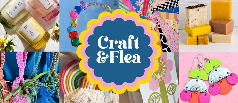Craft & Flea market collage showcasing handmade candles, jewellery, soaps, paper crafts, macramé and accessories