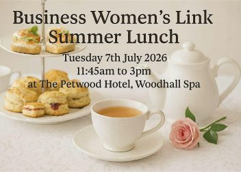 Business Women's Link Summer Lunch event details with tea set, scones, and a rose at Petwood Hotel, Woodhall Spa