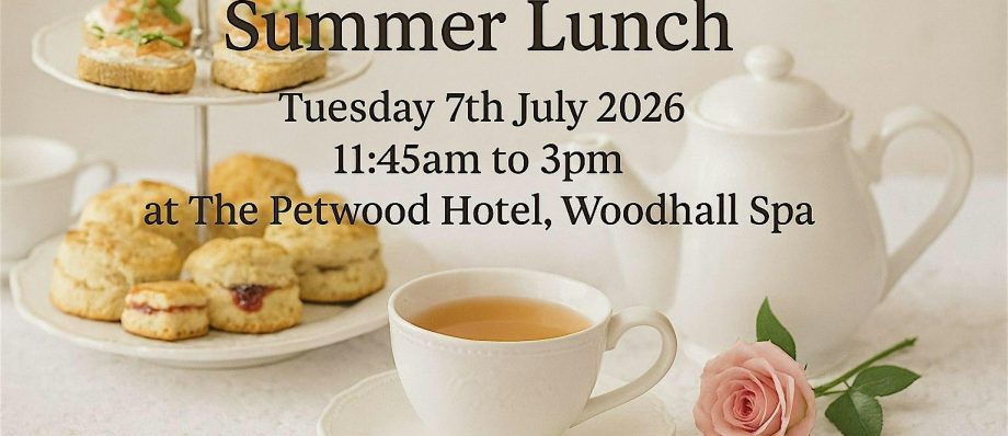 Business Women's Link Summer Lunch event details with tea set, scones, and a rose at Petwood Hotel, Woodhall Spa