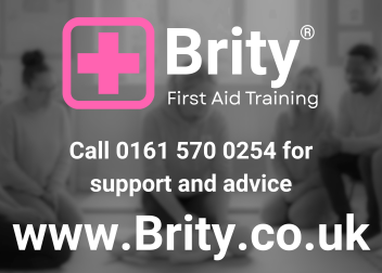 Brity First Aid Training logo with contact number for support and advice, visit www.Brity.co.uk