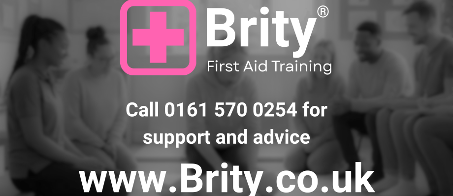 Brity First Aid Training logo with contact number for support and advice, visit www.Brity.co.uk