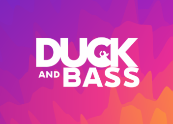 Duck and Bass logo on vibrant pink and purple gradient background with abstract geometric pattern