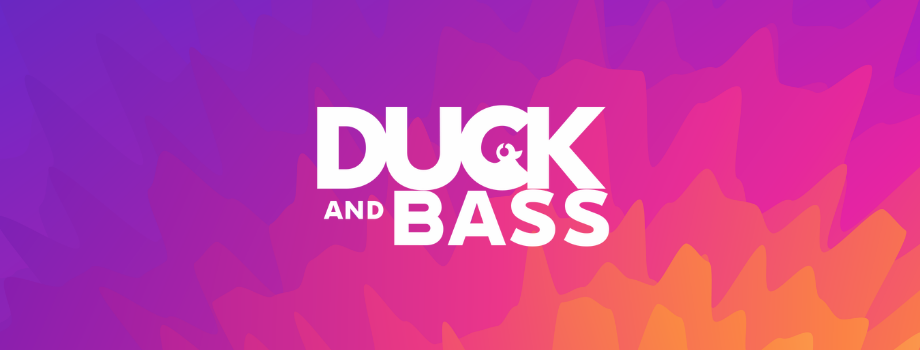 Duck and Bass logo on vibrant pink and purple gradient background with abstract geometric pattern