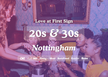 Group of young adults at a social event in Nottingham, enjoying drinks and conversation, overlaid with branding text
