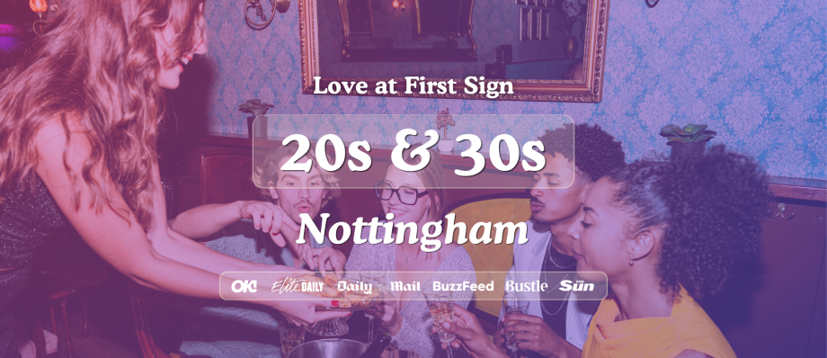 Group of young adults at a social event in Nottingham, enjoying drinks and conversation, overlaid with branding text