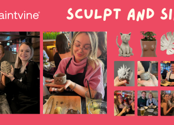 People enjoying a Sculpt and Sip event by Paintvine, creating clay art while socialising, set against a vibrant background