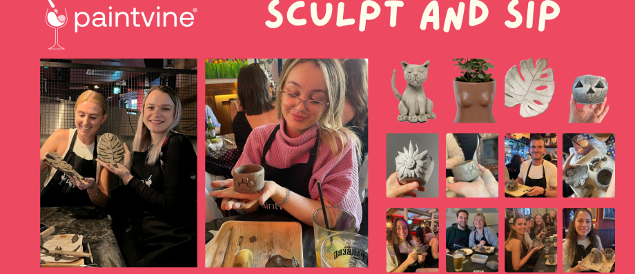 People enjoying a Sculpt and Sip event by Paintvine, creating clay art while socialising, set against a vibrant background