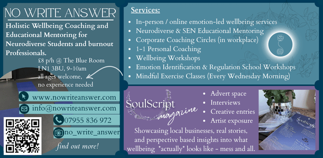 Flyer for No Write Answer: Holistic Wellbeing Coaching and Mentoring for Neurodiverse Individuals and Burnout Professionals
