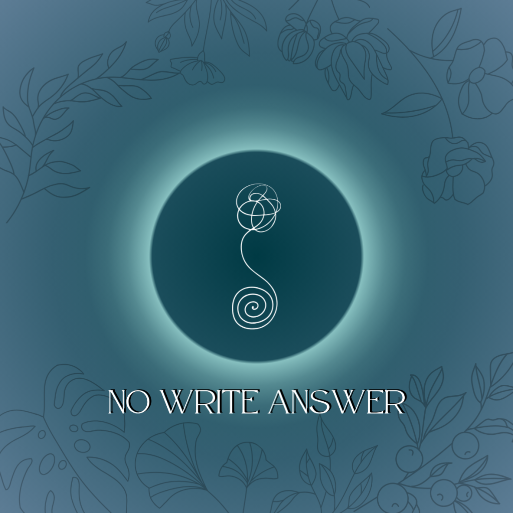 Abstract floral design with glowing circle and intricate line art on blue background with 'No Write Answer' text