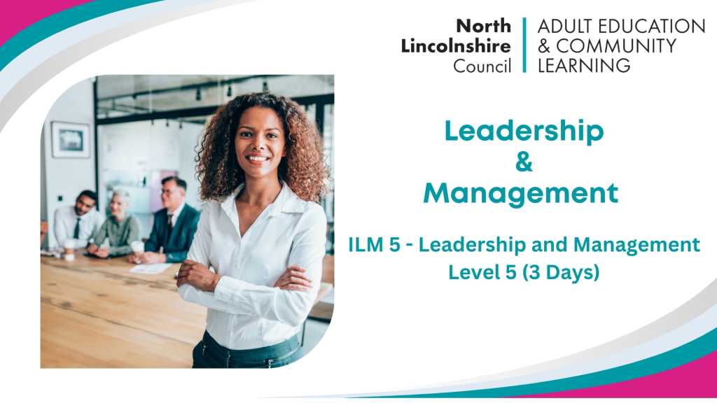 Confident woman leading a meeting at North Lincolnshire Council Leadership and Management Level 5 course promotion