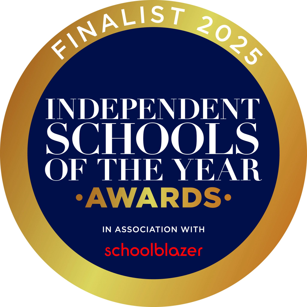 Independent Schools Of The Year Awards 2025 finalist badge, gold and blue design, partnered with Schoolblazer