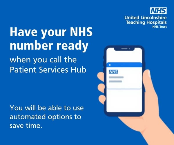 Illustration of a phone screen advising NHS patients to have their NHS number handy when contacting Patient Services Hub