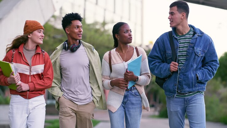 Four diverse students walking and talking on campus, holding notebooks and backpacks, with trees and buildings in background