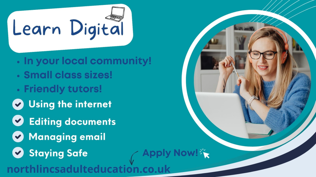 Woman learning digital skills online with friendly tutors, small class sizes, local courses. Apply now at North Lincs Adult Education